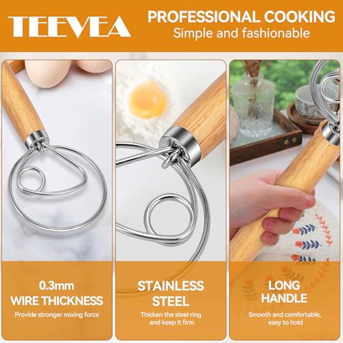 TEEVEA Danish Dough Whisk Wooden Handle Stainless Steel for Sourdough Bread - color: White Ash Wood 1-eye
