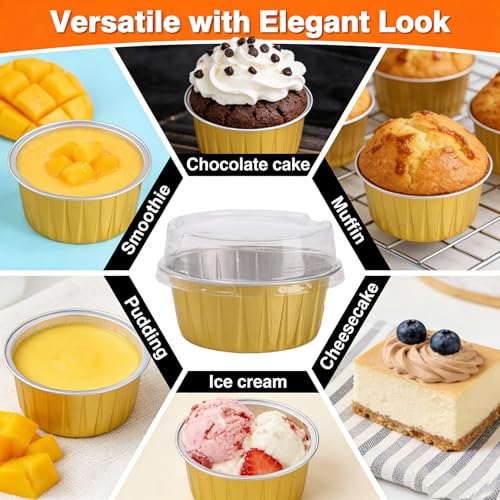 150 Pack Disposable Ramekins with Clear Lid, Golden Mini Cupcake Tins