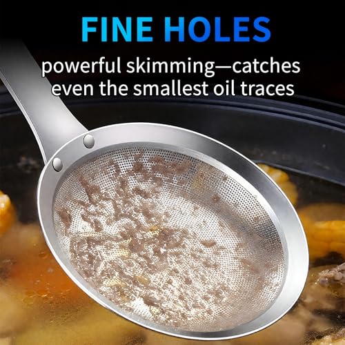 TBWHL Multi-functional Fat Skimmer Spoon for Cooking- Stainless Steel Fine Mesh Strainer with Handle for Skimming Grease and Foam DIA 3.7" - size: Dia 3.7"