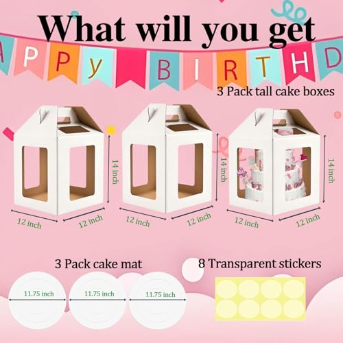 Cake Boxes - 3 Pack Tall Cake Box 12x12x14 Inch, 6 Windows - color: 12X12X14-3 Pack-White