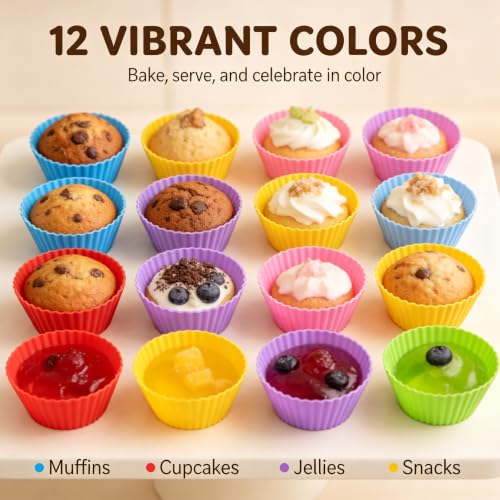 Reusable Silicone Baking Cups, 12 Pack Non-Stick Muffin Liners