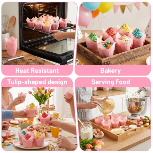 Pink Tulip Cupcake Liners 50PCS, Muffin Greaseproof paper Baking Cupcake Cups, Natural Tulip Baking Cup Case for Birthday Wedding Party Baby Showers Catering Restaurants