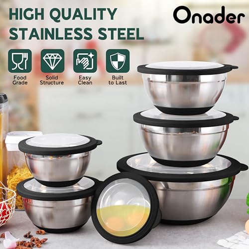 Onader Mixing Bowls with Lids Set of 6 for Kitchen, Stainless Steel Metal Nesting Bowls with Non-Slip Bottom Black - Size 1, 1.5, 2, 2.6, 3.5, 7QT - color: Black