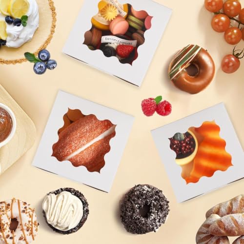 Cookie Boxes with Window, 4x4x2.5 Inch White Bakery Box (100)