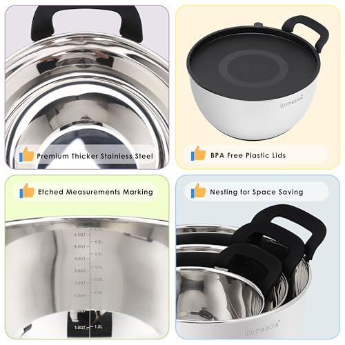 Rorence Stainless Steel Mixing Bowls: Stackable Mixing Bowl Set with Lids and Handles Non-slip Silicone Bottom Nesting Bowls for Kitchen Set of 3 - Black - color: Black