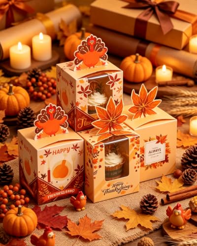 qiqee Thanksgiving Individual Cupcake Boxes Cupcake Holders Disposable 60pcs Single Cupcake Boxes with Window 3.7"x3.7"x4.5" Cupcake Containers For Thanksgiving - color: Thanksgiving, size: 60Pcs, One Holder