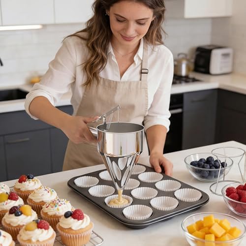 Pancake Batter Dispenser, Pancake Dispenser with 0.8" Large Spout, Easy-Pour Cake Batter Funnel for Thick Mix with Fruits or Chocolate Chips, Stainless Steel Funnel for Home and Kitchen