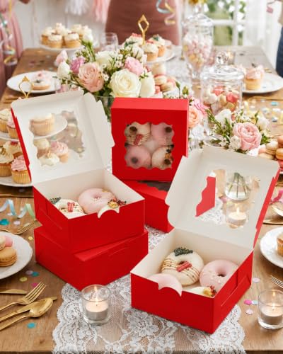 Bakepacker 60pcs Red Bakery Boxes with Window 6x6x3 inches Thick & Cookie Boxes & Sturdy Macaroon Pastry - color: Matte Red, size: 6"*6"*3" / 60 Pcs