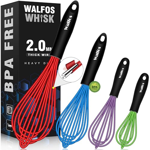 Walfos Whisk, Silicone Whisk Heat Resistant (480°F) Kitchen Whisks Set of 4- Professional Whisks For Cooking Non Scratch, Balloon Egg Whisk Perfect for Frothing, Blending, Beating - color: 4pcs Colorful;5+7+9+11in
