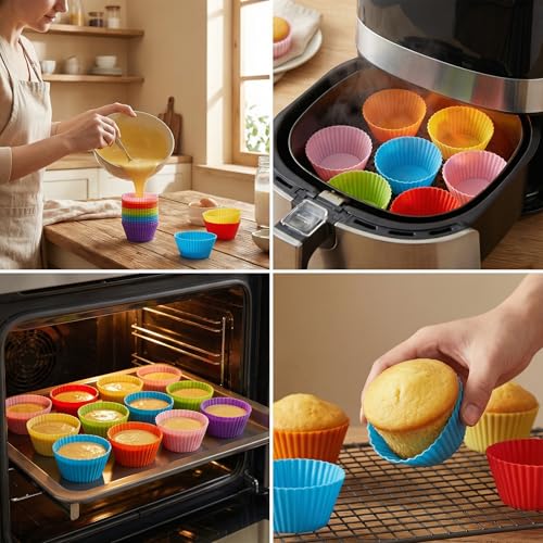 Reusable Silicone Cupcake Liners, BPA Free Silicone Muffin Cups for Baking, Oven Microwave Air Fryer Safe, 2.75 x 1.7 x 1.2 Inches, Dishwasher Safe Baking Cups, 8 Rainbow Colors, 24 Pack - color: Pink, Blue, Yellow, Orange, Green, Purple, Red, Peacock Blu