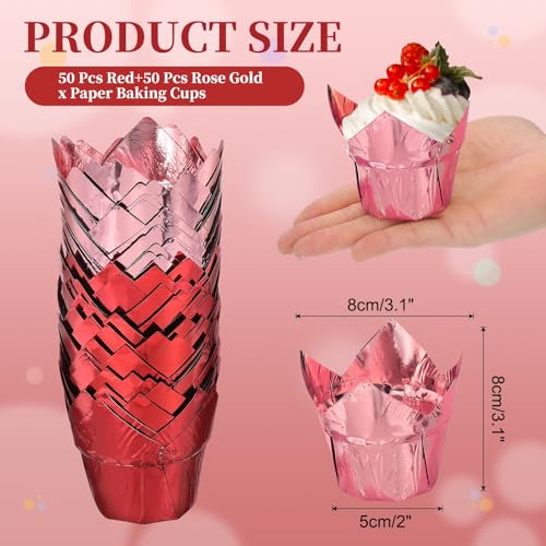 uxcell 100 Pcs Tulip Cupcake Liners, Muffins Liners Aluminum Foil Cupcake Wrappers Baking Cups Muffins Liners for Wedding Birthday Party Supplies, Red/Rose Gold - color: Red/Rose Gold