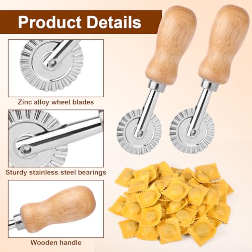 2pcs Fluted Pastry Cutter Wheels, Zinc Alloy Short Ravioli & Pasta Crimper Cutter with Wooden Handle Dough Roller Cracker Maker Tool for Home Kitchen Pizza Cookies Pie Crust Dumplings