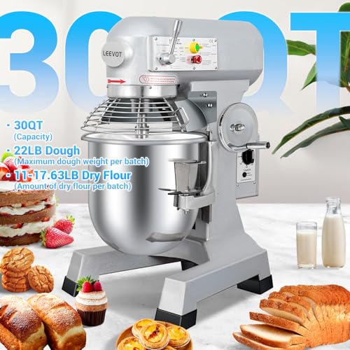 LEEVOT Commercial Mixer 30QT, Heavy Duty Stand Food Mixer, 3-Speed Adjustable Electric Dough Mixer with Stainless Steel Bowl for Dough Kneading Home Bakery Pizzeria Restaurant 120V 60HZ - size: 30QT+Timer