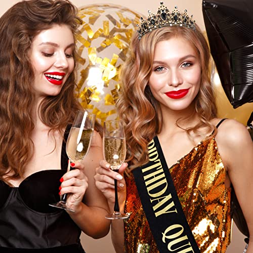 "BIRTHDAY QUEEN" Sash and Tiara for Women Crystal Tiara and Satin Kit for Girl Rhinestones Crown with Comb Glitter Hair Accessories for Prom Party Decoration Cake Topper Accessory Set with Pin - color: Black Gold Tiara+Black Gold Sash
