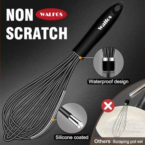Walfos Silicone Whisk,7+9in Mini Whisk,BPA Free,Small Whisks for Non-Scratch,Heat Resistant (450°F) Nice for stirring individual eggs and mixing small amounts of powder and sauce.Dishwasher Safe.Black - color: Black