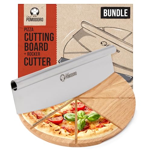 Chef Pomodoro Stainless 14 inch Pizza Cutting Board, Pizza Cutter Combo Set