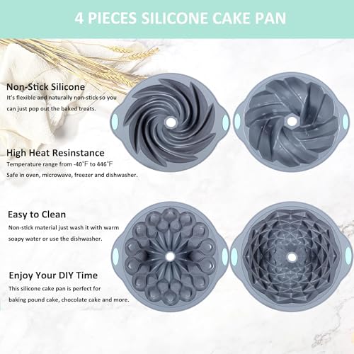 Tongjude 4 Pieces Silicone Fluted Cake Pans, 6/7/8 Cups Tube Baking Pan, Non-Stick Kitchen Oven Baking Pans, Silicone Molds for Homemade Cake, Bread and Jello, Grey - size: 4pcs fluted cake pans (6/7/8 Cups)