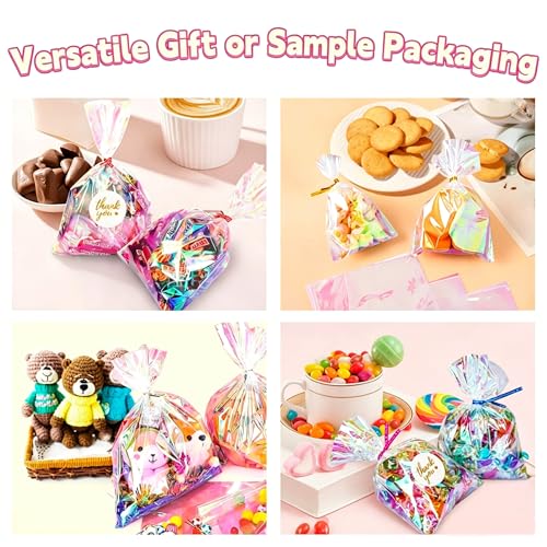 MS.YANGJI 100 PCS Cellophane Treat Bags,6x9 Inch Holographic Bags with Twist Ties,for Holiday Valentines Party Weddings Birthday Party Gift Wrapping - size: 6x9inch