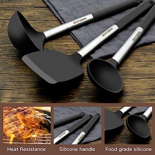 Kitchen Utensils Set-Silicone Cooking Utensils-32 pcs Non-Stick Silicone Cooking Kitchen Utensils Spatula Set with Holder-Best Kitchen Cookware with Stainless Steel Handle (Black) - color: Black