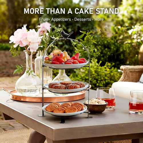 SparkWorks 3 Tiered Cake Stand, Tea Party Serving Platter, Dessert and Cupcake Stand, Metal Tiered Serving Stand Includes Three Premium White Stoneware Plates - size: 8.5 inch