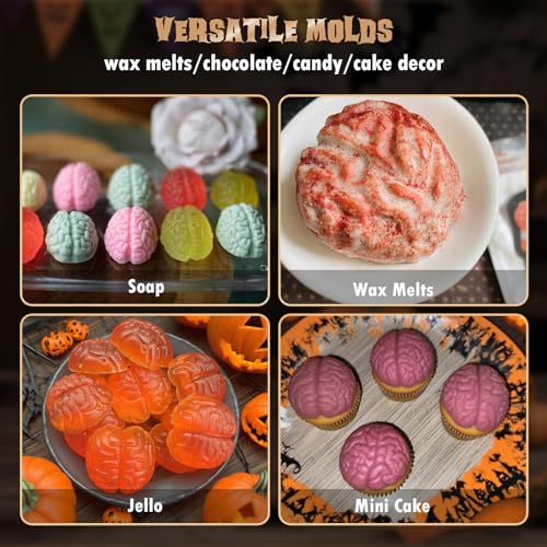 HKNMTT Halloween Brain Silicone Molds 2 Pack 6 Cavity, Spooky Brain Shape Baking Tray for Chocolate Candy Wax Melts Tarts Cupcake Pizza Cake Oven Safe Food Grade Moulds for Kids Party DIY Fun - style: Brain Shaped