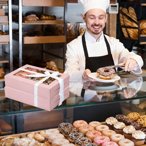 OAMCEG 48 Pack Cookie Boxes with Window, 12x8x2.5 Inch Bakery Treat Boxes for Christmas Holiday Gift Giving, Desserts, Donuts, Pastries-Pink