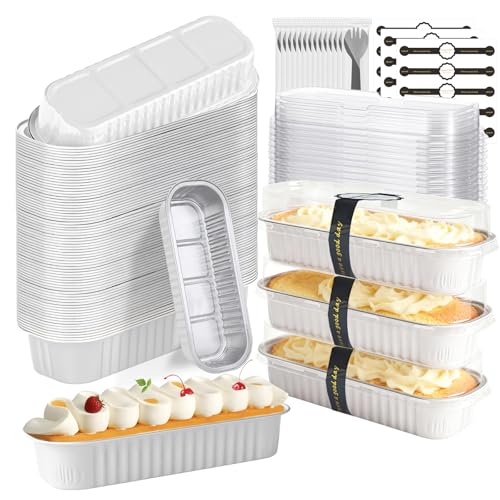 Mini Loaf Pans With Lids And Spoons 100 Pack,6.8 Oz Rectangle Mini Individual Cake Tins, Disposable Small Aluminum Foil Baking Pans, Baking Containers for Party and Picnics (White) - color: White