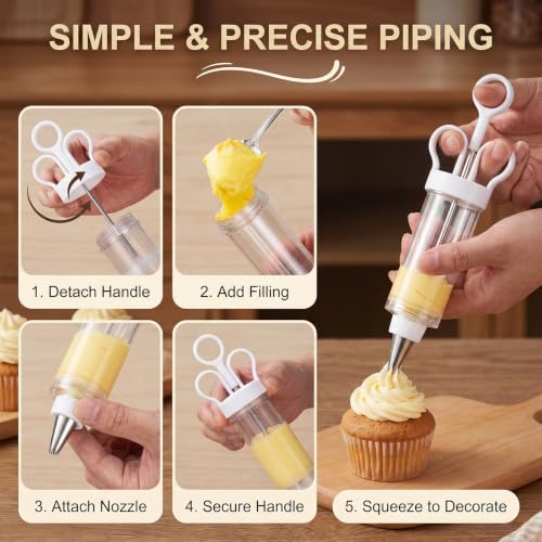 Cupcake Icing Piping Syringe, Cake Decorating Kit with 6 Stainless Steel Tips, Frosting Injector Tool for Dessert Filling and Decoration