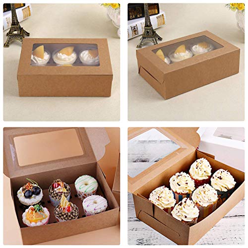 EUSOAR Cupcake Boxes, 50pcs 9.4" x 6.2" x 3.0" Muffin Containers 6 Count with Insert and Display Window, Kraft Muffin Cupcake Box Carrier Packaging Cupcake Boxes Fits 6 Cupcakes or Muffins - color: Kraft, size: 50pcs, 6 Holders