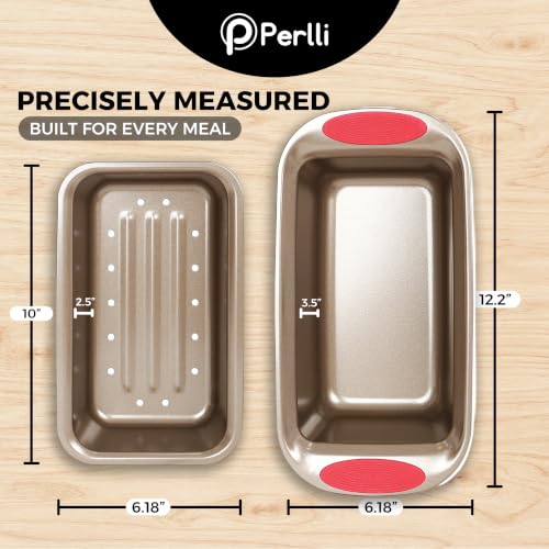 PERLLI Nonstick Meatloaf Pan with Drain Tray, Elevated Inner Pan for Fat and Grease Removal, Easy Grip Silicone Handles, Dishwasher Safe with Heavy-Duty Carbon Steel Bakeware for Even Heating (Brown) - color: Brown