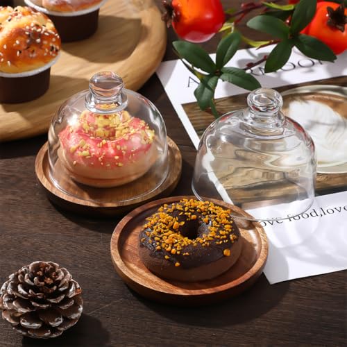 Yardwe 2 Pack Mini Cake Stand with Glass Dome Lid - 3.4" Small Dessert Dome Wood Base - Cupcake Cloche Cover for Pastries Cheese Charcuterie - Clear Glass Plate Server for Individual Portion Display
