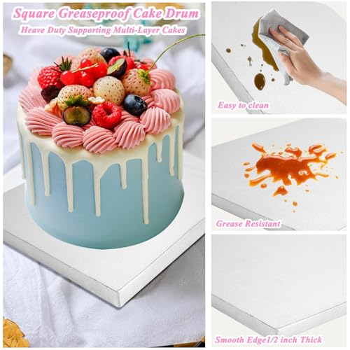 STARVAST 12 Inch Square Cake Drums, 10 Pack Sturdy 1/2" Thick Cake Boards with Fully Wrapped Edges, Multiple Layers of Corrugated Cardboard for Multi-Layer Cakes, Base para Pastel, Silver