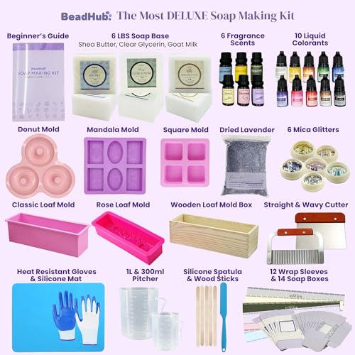 BeadHub Soap Making Kit for Adults Beginners | 6LBS Melt & Pour Soap Base - Shea Butter, Clear Glycerin & Goat Milk, All-in-one Deluxe Kit for Soaps with Fragrances, Colors, Making Tools & Supplies