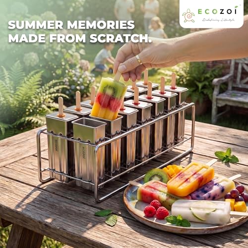 ecozoi Stainless Steel Popsicle Molds Set, 14 Metal Ice Pop Trays, 3 Ounce - size: Square-14 Molds