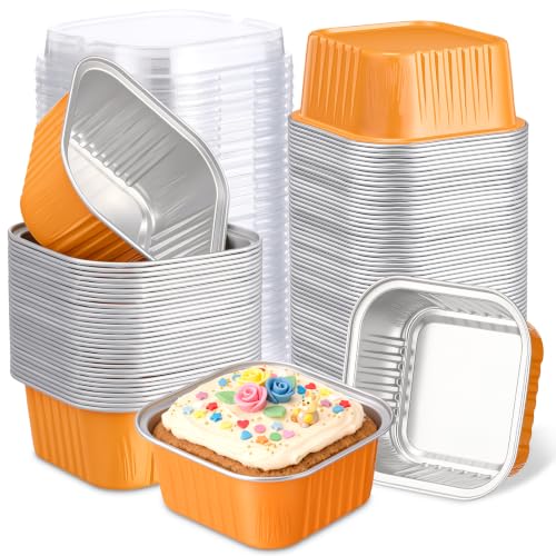 Skylety 100 Pcs 5oz Mini Square Cake Pans with Lids, Orange - color: Orange