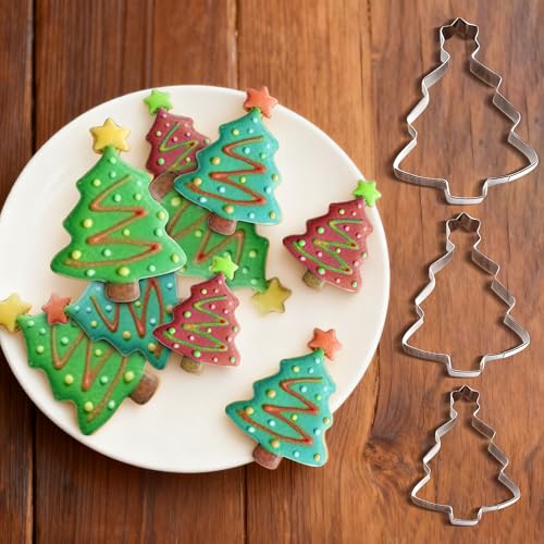 3Pieces Christmas Tree Cookie Cutter Set, Christmas Cookie Cutters, Stainless Steel Biscuit Cutters for Baking Xmas Holiday Party Decorations