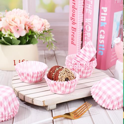 Whaline 300 Pcs Pink Plaid Cupcake Liner Paper Pink Checkered Muffin Liner Baking Cups 2 x 1.2 Inch Cute Cupcake Wrappers for Baby Bridal Shower Wedding Birthday Party Supplies - color: Pink