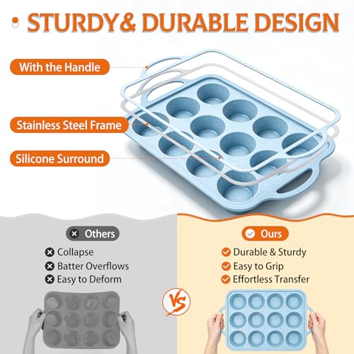 Silicone Muffin Pan, Metal Frame Regular Cupcake Pan Silicone Molds 12 Cups - color: Blue, size: Regular: 1pc