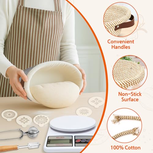 Aliggbent 38Pcs Sourdough Bread Baking Supplies – 11'' Oval & 10'' Round Cotton Rope Banneton Bread Proofing Baskets with Liners & Covers, Sourdough Starter Jar Kit, Scale, Bags & Bread Making Tools - size: 11'' 38Pcs Set