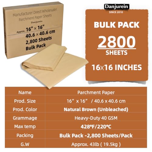 2800 Bulk Sheets Commercial Grade 16x16 Parchment Paper - color: Brown, size: 16"x16" (40.6x40.6cm) - 2800 sheets