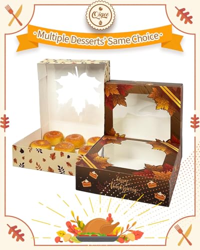 qiqee Thanksgiving Pie Boxes with Window 10x10x2.5 Inch 12Packs Cookie Donut Bakery Box - color: 12Packs, Thanksgiving