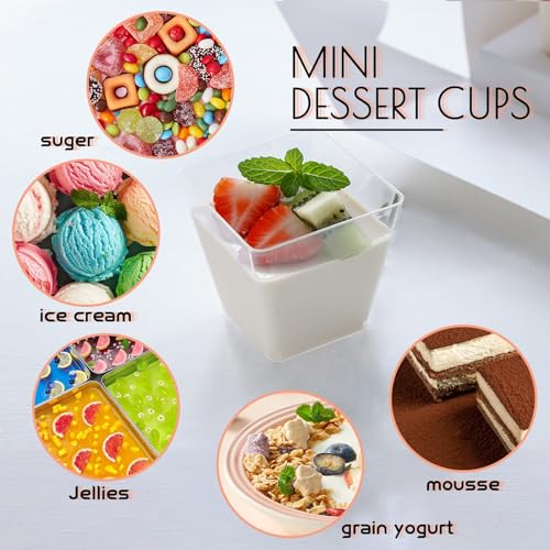 Jnnzzggu 100Pcs 3.5 oz Mini Dessert Cup with Spoons,Square Plastic Dessert Cups,Clear Parfait Appetizer Cup for Ice Cream,Birthday,Parties,Jellies,Nuts,DIY,Wedding - size: 100pcs 3.5oz