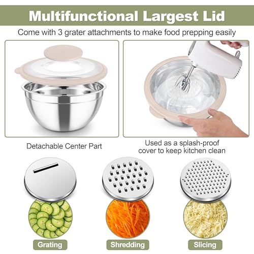 TeamFar Mixing Bowls, Stainless Steel Salad Serving Bowl with Clear Lids - color: Khaki