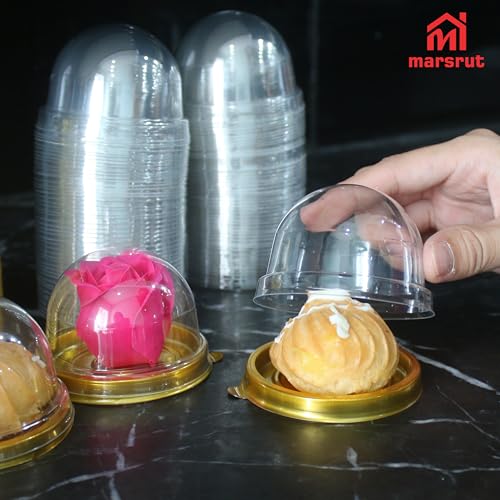 100pcs Mini Flan Containers with Lids, 2.4 in Chocoflanes Bases, Clear Plastic Cake Holder/Box, Round Dome for MINI Cupcake, Dessert, Strawberry, Treats, Gift, Cookies, Mooncake, Muffin, Weddings