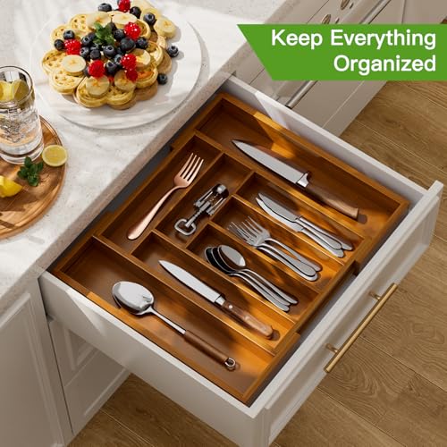 Pipishell Expandable Bamboo Silverware Drawer Organizer, Brown, Large - color: Brown, size: Large