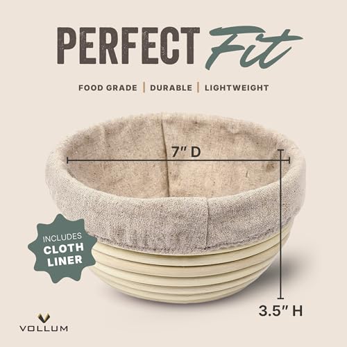 Vollum Banneton Bread Proofing Basket with Liner, Round - size: 7"D x 3.5"H, style: Round