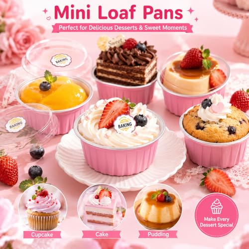 30 Pack Mini Round Aluminum Foil Cake Pans with Lids and Spoons, Food Grade Disposable Baking Cups Ramekins, Oven Air Fryer Freezer Safe for Wedding Favors Mother's Day Party (Pink (Round)) - color: Pink (Round)