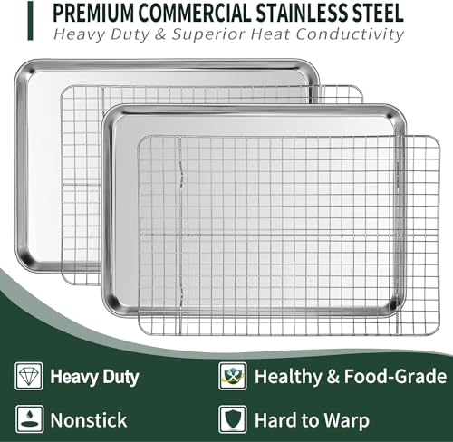 Half Sheet Pans with Rack Set [2 Pans + 2 Racks], CEKEE Stainless Half Size Large Baking Sheets with Rack -18 Inch Baking Tray Set- Rust & Warp Resistant & Heavy Duty Large Cookie Sheet - size: 18*12*1Inch