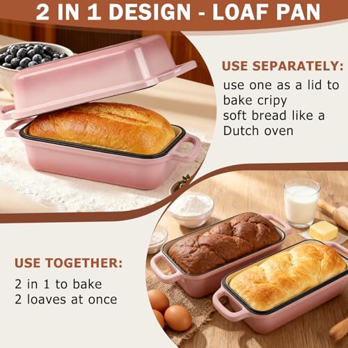 9 x 5 Inch Bread Pan Enameled Cast Iron Loaf Pan with Lid for Baking Pink - color: Pink
