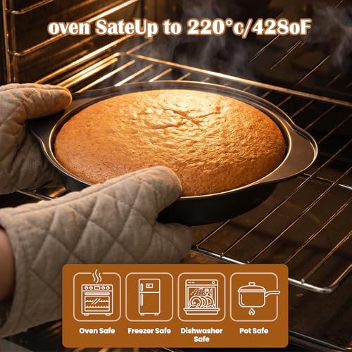 9 Inch Round Cake Pan with Handle, 3 Pcs Nonstick Cake Pans with 100 Pcs Parchment Paper, Carbon Steel Cake Baking Pans Set, Dishwasher Safe